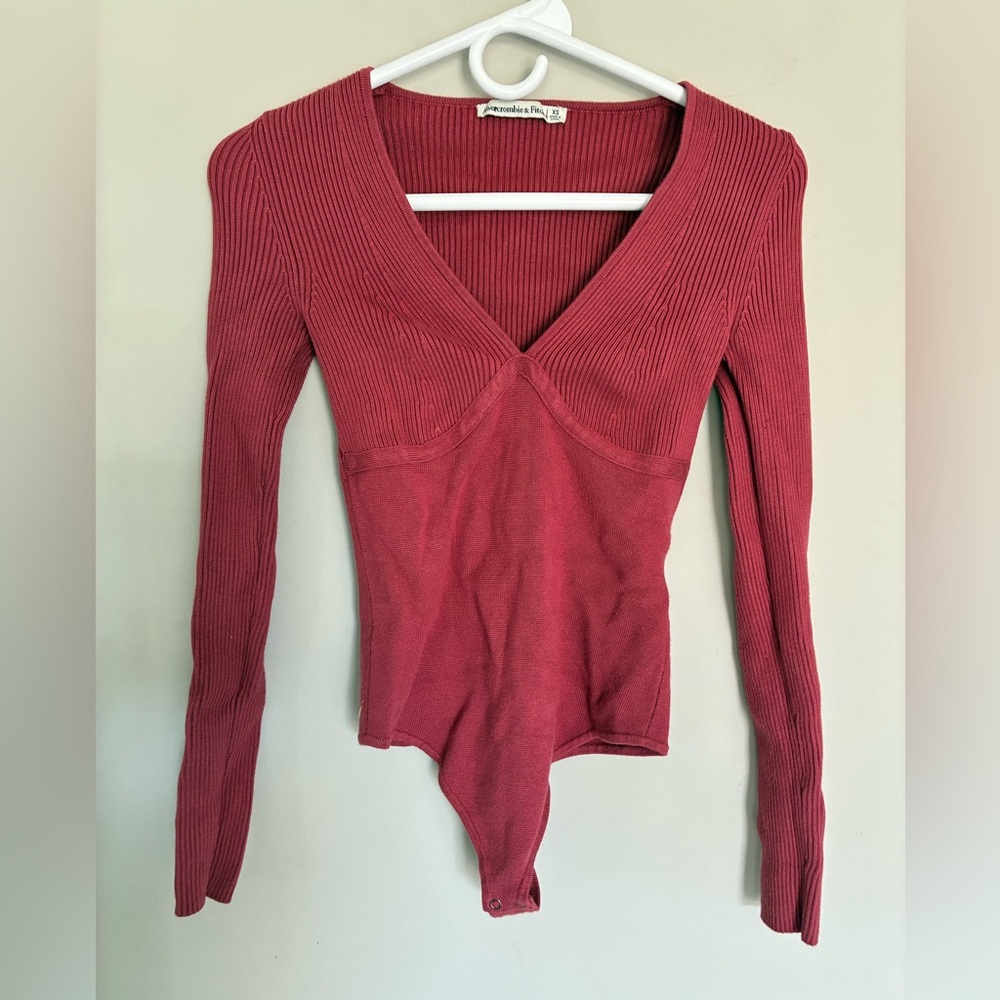 Abercrombie & Fitch Ribbed V-Neck Bodysuit - deep rose color